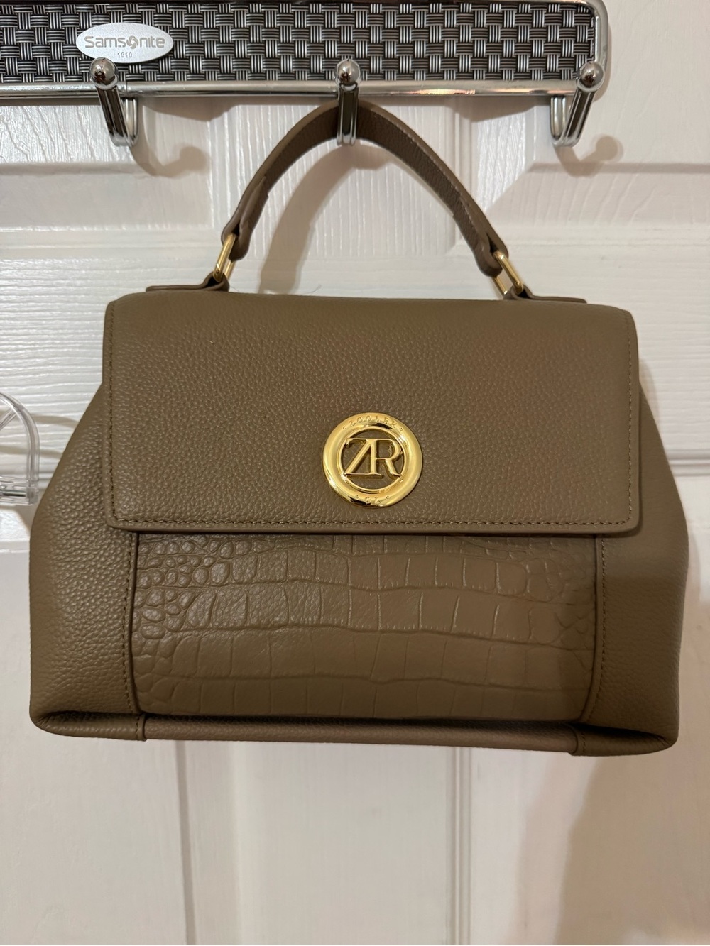 ZAC Zac Posen Olive Taupe Leather Top-Handle Satchel with Gold Emblem